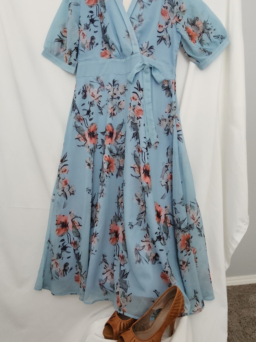 Light Blue Floral Maxi Wrap Dress with Tie Waist